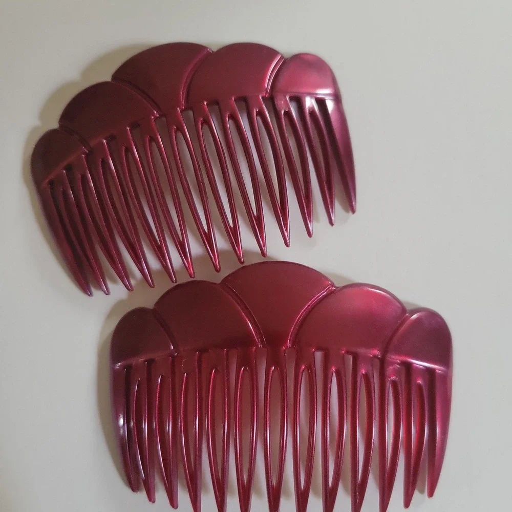 Depose French Hair Side Combs Set of 6 Scalloped‎ Plastic Burgandy Blue Tan